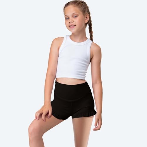 Peninpha Girls Athletic Ruffle Shorts High Waisted Spandex Shorts Stretch Youth Gymnastics Yoga Dance Shorts for Kid Age 5-14 Black