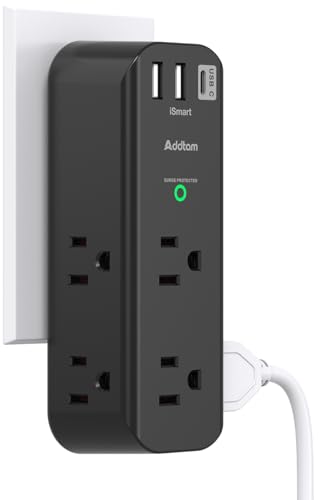 Surge Protector Outlet Extender - with Rotating Plug, 6 AC Multi Plug Outlet with 3 USB Ports, 1800J Wall Charger, 3-Sided Power Strip with Spaced Outlet Splitter for Home, Office, Travel (Black)
