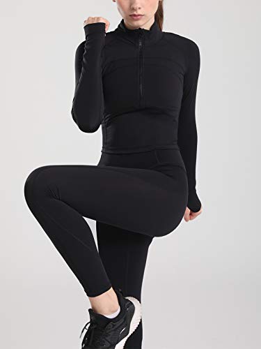Vsaiddt Women's Athletic Half Zip Sweatshirt Lightweight Quick Dry Workout Yoga Running Crop Tops (A-Black-XS)