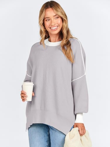 ANRABESS Womens Oversized Sweaters Fall 2025 Fashion Crewneck Batwing Long Sleeve Side Slit Knit Pullover Sweater Tops Wave Brown-M
