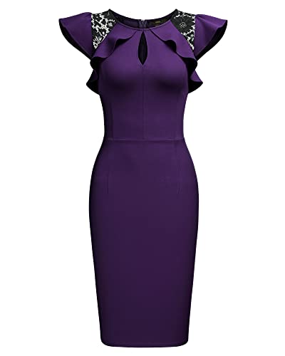 Knitee Women's Vintage Ruffle Trim Lace Sleeveless Bodycon Cocktail Dress (B-Purple, Small)