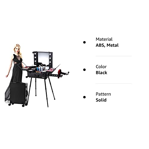 Kemier Makeup Case,Professional Artist Studio Cosmetic Train Table w/4 Rolling Wheels & Lights & Mirror,Pro Makeup Station,Cover Board and Easy Clean Extendable Trays,Adjustable Legs,Sturdy (Black)