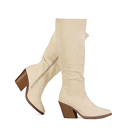 Putu Women's Pointed Toe Knee High Boots Faux Suede Stacked Chunky Heel Boots Side Zipper Slouchy High Boots Beige 5.5