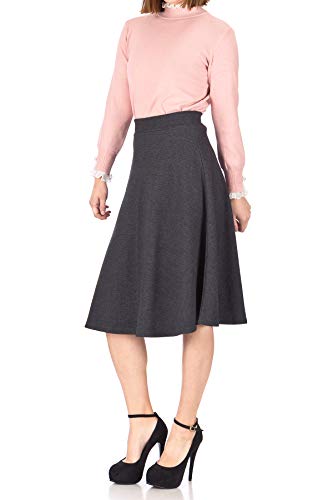 Everyday High Waist A-line Flared Skater Midi Skirt (S, Black)