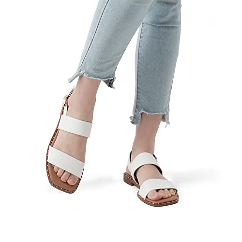 DREAM PAIRS Women's Summer Casual Dressy Cute Flat Sandals Comfortable Sexy Square-Toe Fashion One Band Strappy Shoes Wide Width, White, Size 5.5, Sdfs222w