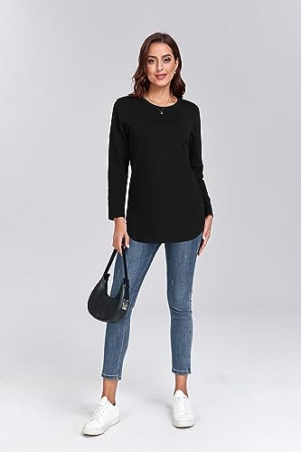 M T 4 YOU Women's Long Sleeve Cotton Shirt Round Neck Basic Casual Top Fall Trendy Tunic Outfits Fitted T Shirts Black