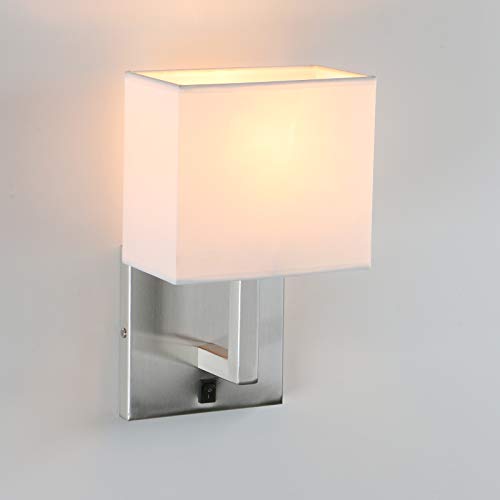 PERMO Single Wall Sconce Light Fixture Brushed Finish with White Textile Shades and On/Off Switch Button Small Modern Nightstand Lamps for Bedrooms Bedside Reading