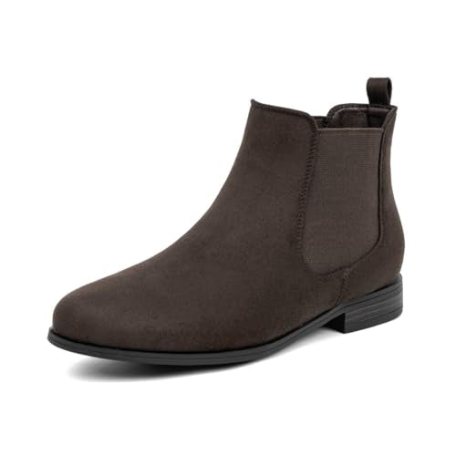 VJH confort Women's Slip on Ankle Boot, Western Almond Round Toe Low Heel Elastic Chelsea Bootie (Brown suede,11)
