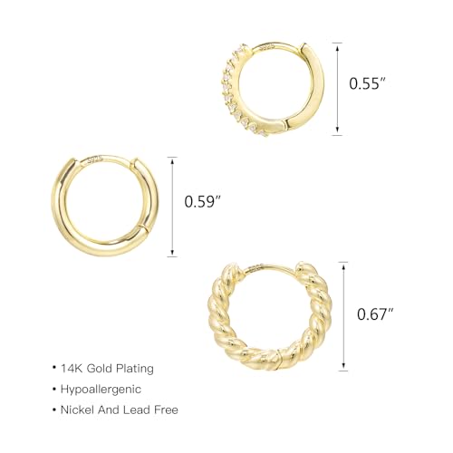 3 Pairs Small Huggie Hoop Earrings Set 14K Gold Hypoallergenic Earrings Lightweight Huggie Hoops Earrings for Women Trendy