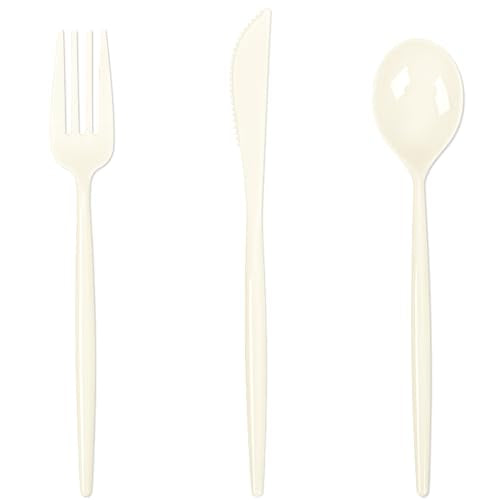 Supernal 180pcs Plastic Silverware Heavy Duty Ivory Plastic Utensils Cutlery Disposable Beige Plastic Cutlery Include 60 Plastic Forks,60 Plastic Knvies,60 Plastic Spoons for Party,Wedding