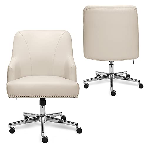 Serta Leighton Home Office Chair with Memory Foam, Height-Adjustable Desk Accent Chair with Chrome-Finished Stainless-Steel Base, Bonded Leather, Cream White