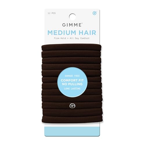 Gimme Beauty Medium Hair Bands - Patent-Pending Seamless Nylon & Spandex Ties for All Hair Types - No-Snag, Zero-Dent Ponytail Holders - Everyday-Wear Tie - Dark Brown, 12 Pack