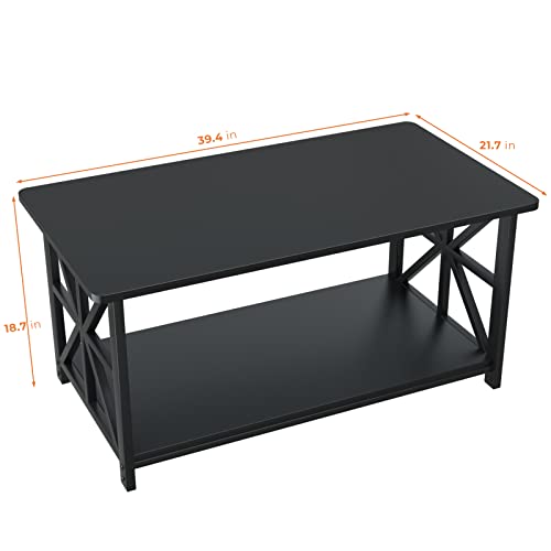 GreenForest Coffee Table with Round Corner, Farmhouse Center Table with 2-Tier Storage Shelf X-Frame Design for Living Room, 39 inch Black