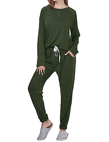Cysincos Womens Sweatsuits 2 Piece Outfit Sweatpants Loungewear Jogger Pajama Set Long Sleeve Pullover Drawstring Pants Dark Green M