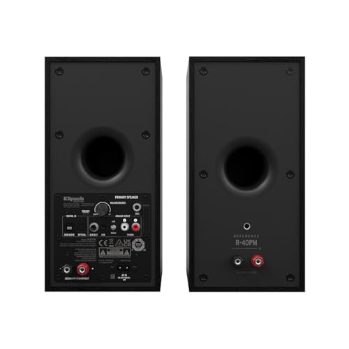Klipsch Reference R-40PM Powered Bookshelf Speakers - 90-Degree x 90-Degree Tractrix Horn - Linear Travel Suspension - Sleek, Modern Appearance