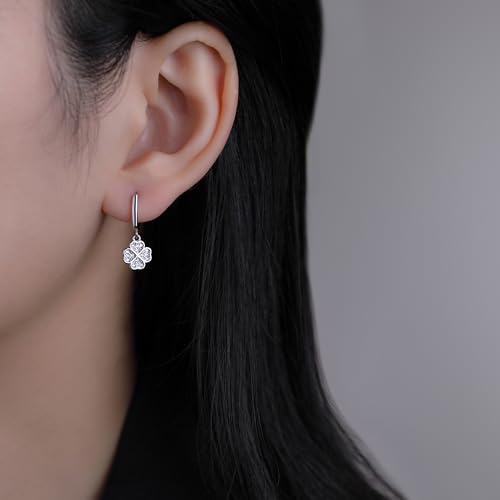 SLUYNZ 925 Sterling Silver CZ Clover Hoop Earrings Dangle for Women Teen Girls Lucky Clover Leaf Huggie Earrings Flower Drop (A-Silver)