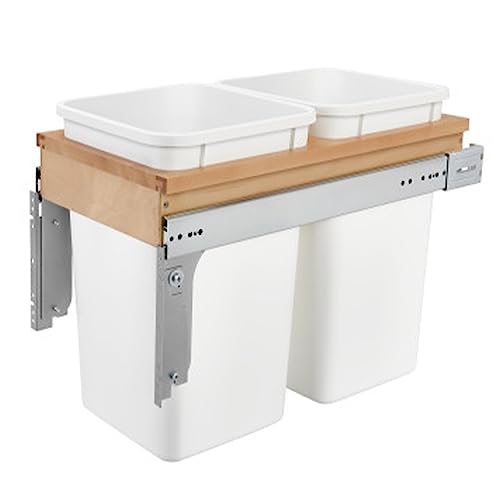 Rev-A-Shelf Double Pullout Trash Can for Under Kitchen Cabinets 27 Quart 8.75 Gallon, Top Mount 11.75 Inch Wide, White, 4WCTM-15DM2-162