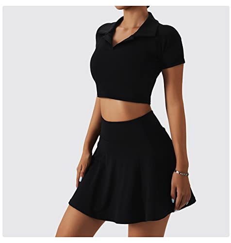 Tennis Outfits for Women 2 Piece High Waist Pleated Tennis Skirt with Shorts and Pockets Short Sleeve Crop Golf Skort Skirt Athletic Workout Outfits Skirts Sets Black Small