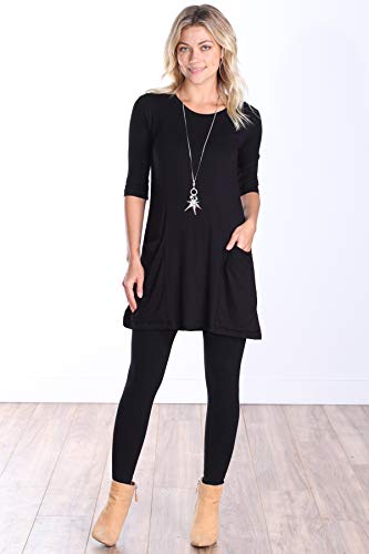 Popana Womens 3/4 Sleeve Tunic Top with Pockets for Leggings Made in USA Medium Black