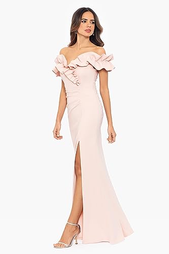 Xscape Women's Long Stretch Scuba Crepe Ruffle Collar Ruched Dress, Blush