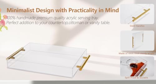 Clear Acrylic Lucite Serving Tray with Metal Handles,No Need to Assemble,11x14 Inch,Decorative Storage Organizer with Spill-Proof Design,Serving for Coffee,Breakfast,Dinner and More