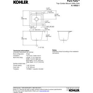 KOHLER K-19022-1-96 Park Falls Top-Mount/Undermount Utility Sink with Single Faucet Hole, Biscuit