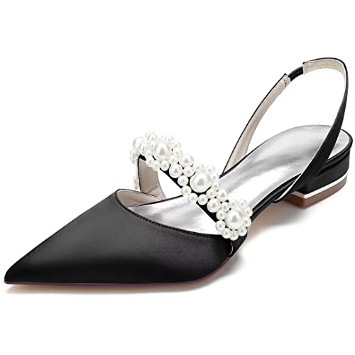 YWXYMGE Satin Pearls Wedding Shoes for Bride Flat Pointed Toe Women Slingback Flats-Black-7