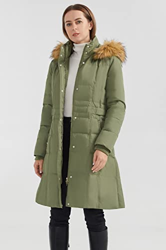 Orolay Quilted Down Jacket Women Winter Long Coat Puffer Jacket with Fur Hood ArmyGreen XS