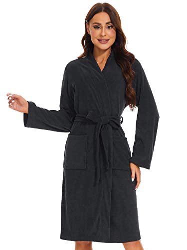 Knuffnee Women Bath Robes Terry Cloth Towel Robe Knee Length Bathrobe with Pockets Black S