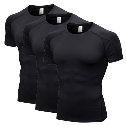LANBAOSI 3 Pack Men's Compression Shirts Short Sleeve Compression Base Layer Cool Dry Athletic Undershirt Workout T Shirt