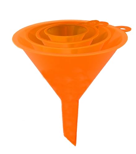 4-Piece All Purpose Wide-Mouth Bright Orange Plastic Funnel Set for Quick and Clean Transferring Liquids, Dry Goods, Between Pitchers, Bottles, Cans and Containers