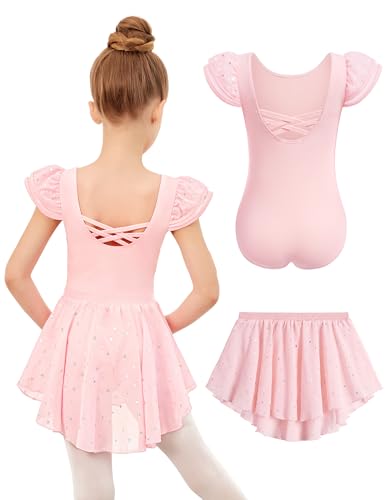 Zaclotre Girls Ballet Leotards with Removable High Low Skirt Toddler Ruffle Sleeve Hollow Back Dance Outfit Combo Hot Pink