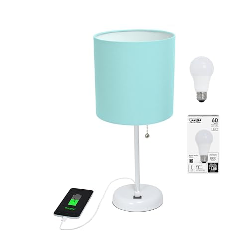 Simple Designs LT2044-TAN-LB Brushed Steel Stick Table Desk Lamp with USB Charging Port and Drum Fabric Shade for Living Room, Hallway, Nightstand, Office, Tan Shade, with Feit LED Bulb Included