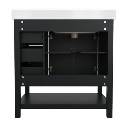 Flash Furniture Vega 36 Inch Bathroom Vanity with Sink, Storage Cabinet with Soft Close Doors, Open Shelf and 3 Drawers, Carrara Marble Finish Countertop, Black/Gold