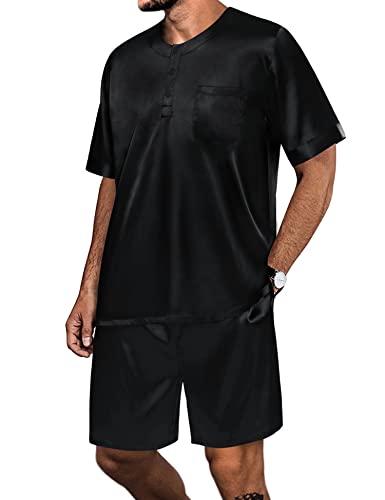 SWOMOG Men Satin Pajamas Set Short Sleeve Silk Sleepwear Button Down 2 Piece Loungewear with Pockets Black Small
