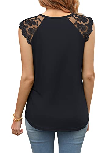 MIHOLL Womens Summer Lace Cami Shirt Round Neck Sleeveless Ruffle Blouses Dressy Casual Tank Tops(Blue Green, Medium)