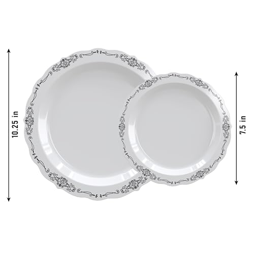 Exquisite Victorian Plastic Plates 80 Piece Plastic Disposable Plates for Party Set For 40 Guests 40 X 7.5 inch Dessert Plates & 40 X 10.25 Inch Plastic Plates Disposable Heavy Duty White & Black