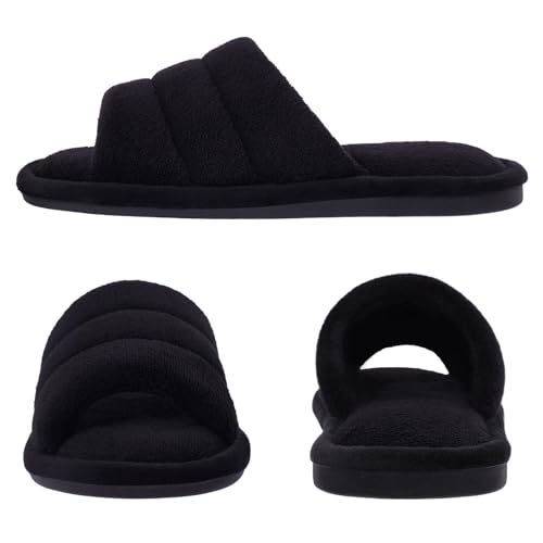shevalues Terry Cloth Open Toe Slippers for Women Memory Foam Slip On House Slippers, Black 250, 6-7 Women/4.5-5.5 Men