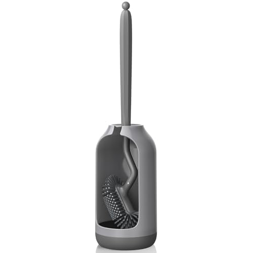 HAMITOR Toilet Bowl Brush Holder Set: Deep Cleaning Silicone Toilet Cleaner Scrubber Under Rim with Curved Bristle for Bathroom Dead Corner Clean - Modern Rv Toilet Decorative Accessories - Gray