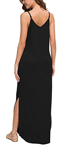 GRECERELLE Women's Summer Casual Loose Dress Spaghetti Strap Beach Cover Up Long Cami Polka Dot Casual Maxi Dress with Pocket Gypsophila Black Small