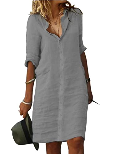 Fronage Women's Casual Cotton Linen Shirt Dress Button Down 1/2 Long Sleeve Lapel V Neck Summer Beach Midi Dresses with Pockets Grey, S