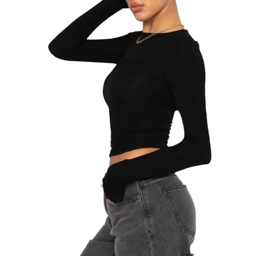 SUPOMAX Basic Long Sleeve Tops for Women Slim Fit Crew Neck Going Out Shirts Trendy Streetwear (US, Alpha, X-Small, Regular, Regular, Black)