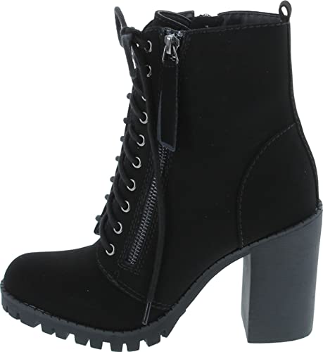 Soda Malia Round Toe Stacked Lug Heel Lace Up Ankle Booties (Black (PU), numeric_11)