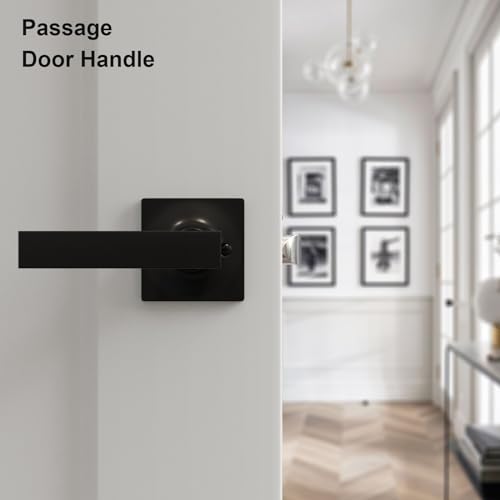 Voraus Matte Black Door Handle - 2 Pack Passage Door Levers, Heavy Duty Interior Door Handles for Closet and Hallway, No-Locking Keyless Square Door Knob, Reversible for Left or Right Side Doors