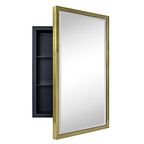 TEHOME Gold Metal Framed Recessed Bathroom Medicine Cabinet with Mirror Rectangle Tilting Beveled Vanity Mirrors for Wall 16 x 24 inches