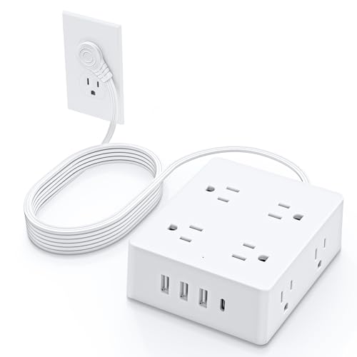 Surge Protector Power Strip, Olcorife Ultra Thin Flat Plug Extension Cord 5ft, 8 Outlets 4 USB Ports(1 USB C), Flat Wall Plug Outlet Extender, College Dorm Room Essentials, White