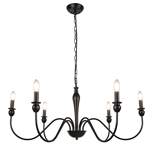 WBinDX 6-Light Farmhouse Chandelier, Rustic Black Chandeliers for Dining Room, 36.6 Inch Industrial Vintage Candle Chandelier Lighting for Bedroom Living Room Kitchen Foyer Entryway
