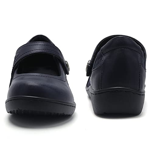 UZB MARY JANE SHOES WOMEN'S MEMORY FOAM ORTHOPEDIC OFFICE & WORK SHOES - NON SLIP CASUAL FLATS WITH HOOK AND LOOP CLOSURE, NAVY, 6 US