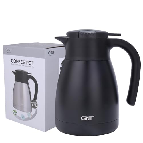 GiNT 1L / 34Oz Thermal Coffee Carafe, Insulated Stainless Steel Coffee Carafes for Keeping Hot/Double Walled Vacuum Thermal Carafe (Black)