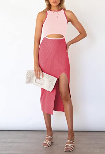 Pink Queen Women's Sexy Cutout Midi Dress Summer Beach Outfits Sleeveless Ribbed Knit Bodycon Dresses Khaki L